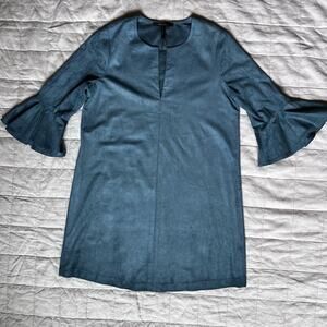 BCBGMaxAzria Blue Faux Suede Ruffled Bell Sleeve Mini Dress Coastal Cowgirl- S